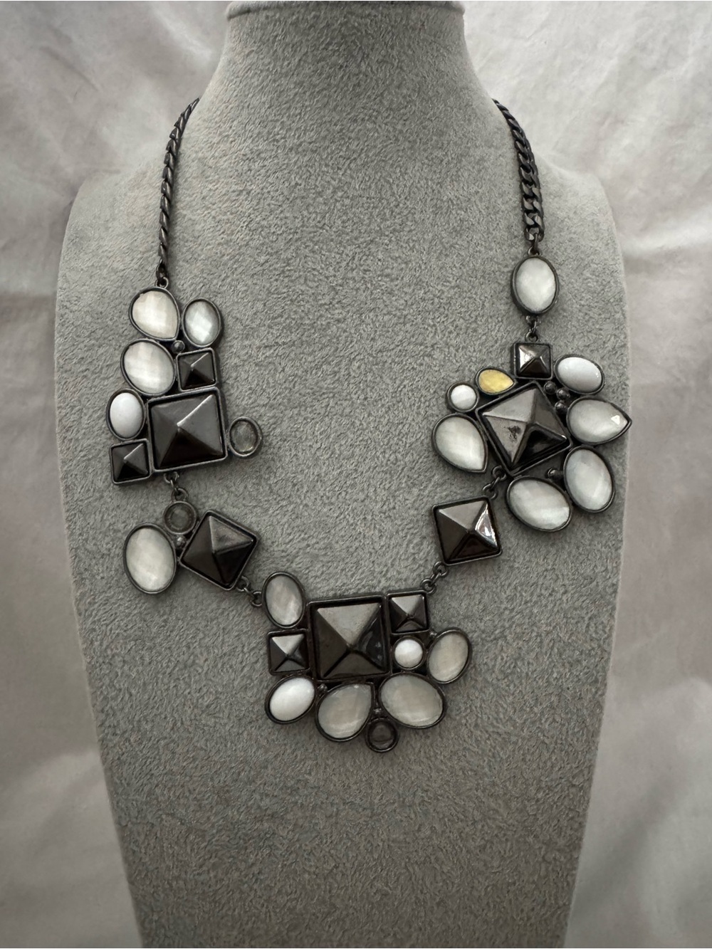 Geometric Gunmetal White Stone Statement Bib Necklace